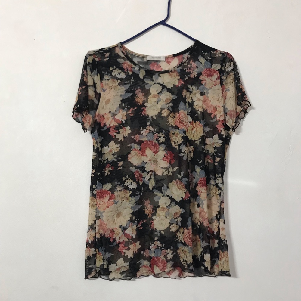 Black floral mesh see through sheer blouse skirt sleeve shirt